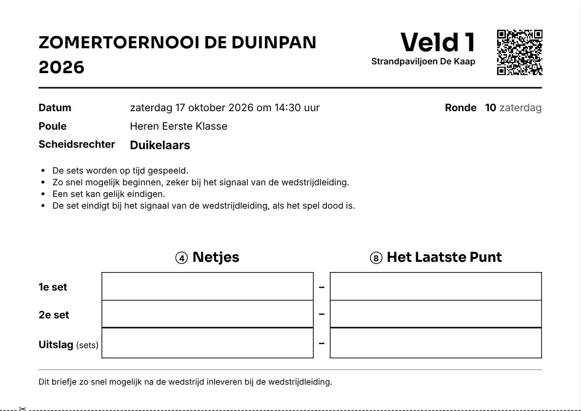 Wedstrijdbriefje met QR-code naar het invoerscherm